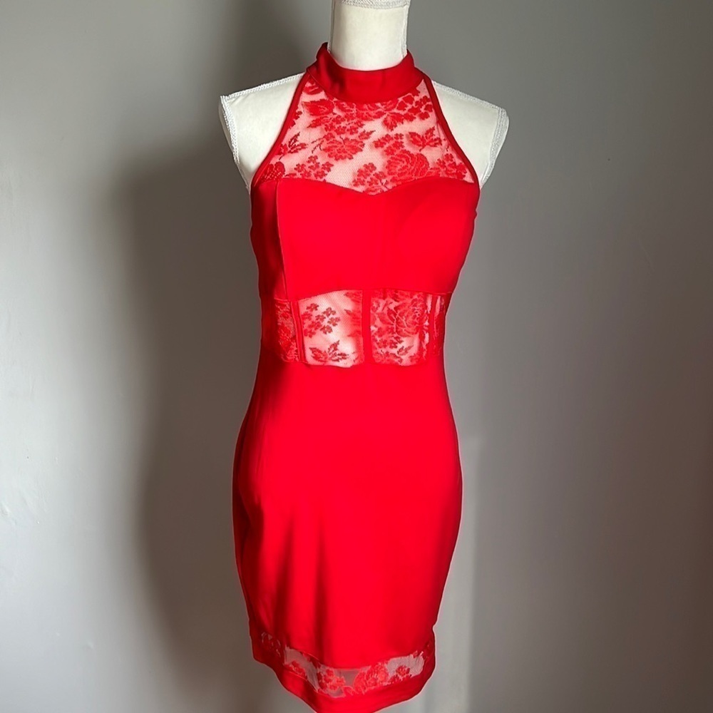 OH-YES Mock Neck Red Lace Bodycon Dress